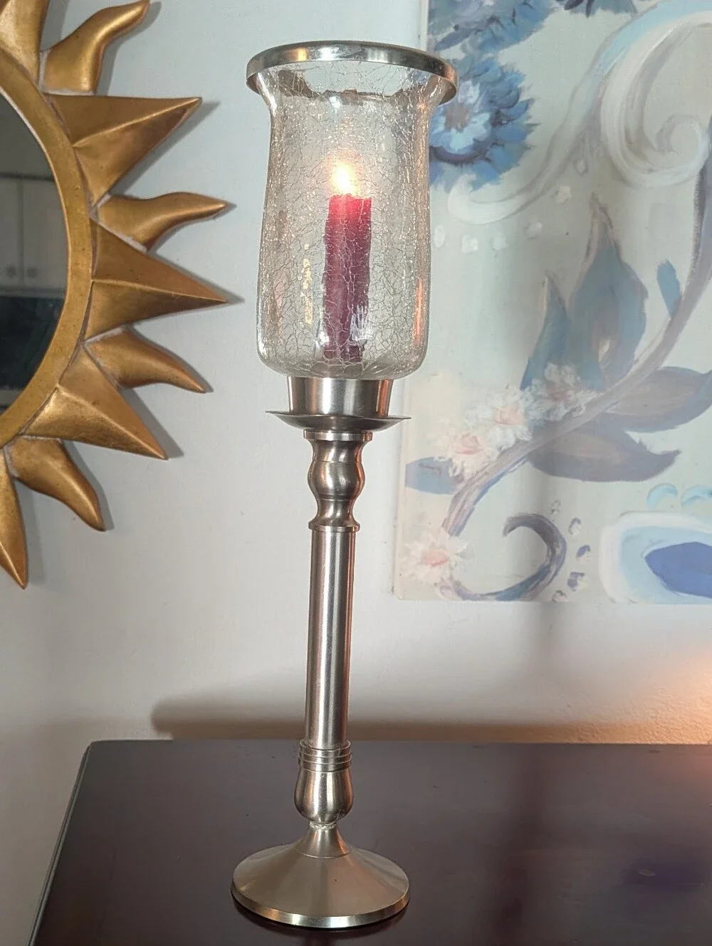 Vintage Brushed Nickel Hurricane Candle Stick Holder 16 3/4